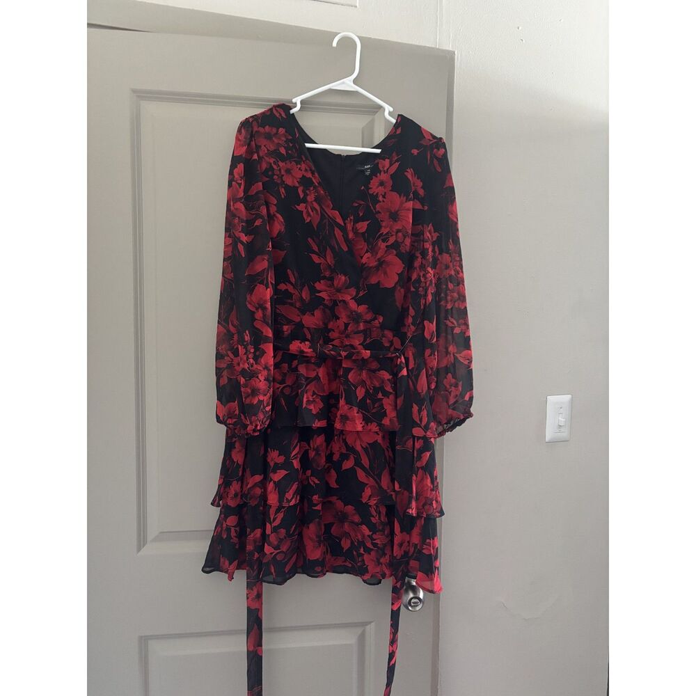 P&K Red Floral Double Ruffle Bottom Tiered Skirt Long Sheer Sleeves Size 14